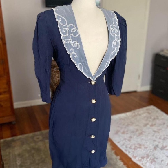 American Vintage Dresses & Skirts - Betsys Things Vintage Navy Blue Midi Dress Embroidered Collar Pearl Button Front
